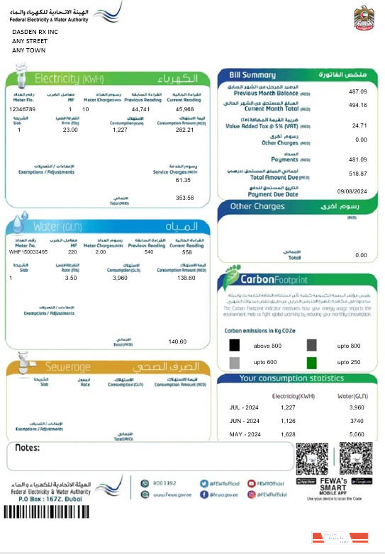 UAE Dubai Federal Electricity & Water Authority business utility bill Word and PDF template PSD template
